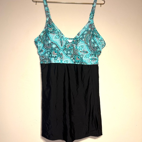 Krista Other - Black and turquoise Paisley OnePiece Swimsuit with attached skirt like new Sz 16